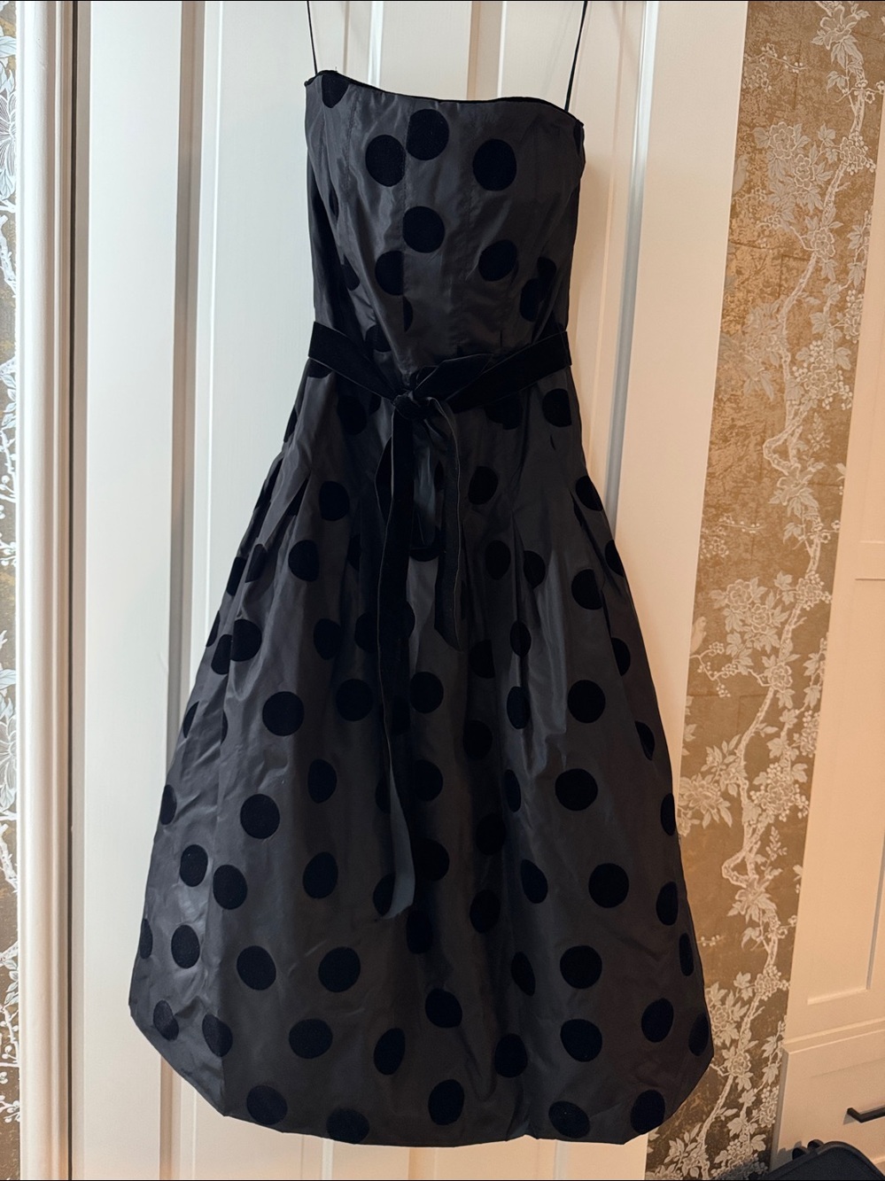 Heidi Weisel Vintage Strapless Black Velvet Polka Dot Midi Dress